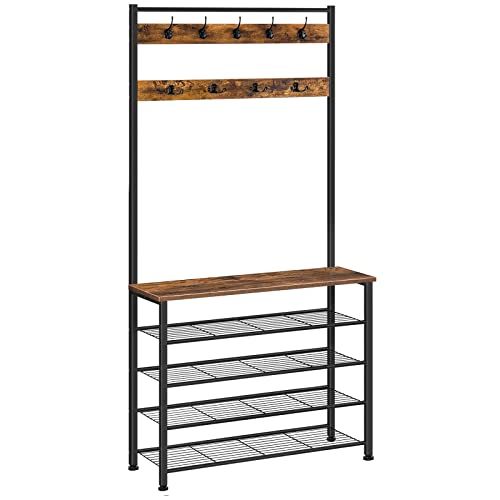 HOOBRO Hall Tree, Coat Rack with Shoe Rack, Hall Tree with Bench, 5 Tier Shoe Storage Organizer with 9 Hooks for Entryway, Closet, Sturdy, Industrial, Rustic Brown and Black BF80MT01G2 - color: Rustic Brown + Black, size: 31.5"L x 12.6"W x 74.8"H