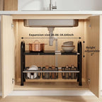 Under Sink Organizers and Storage, 2 Tier 20.9"-34.6" Expandable Length with 3 Removable Baskets and 3 Removable Panels Expandable Shelf for Cupboard,Kitchen,Bathroom, Black