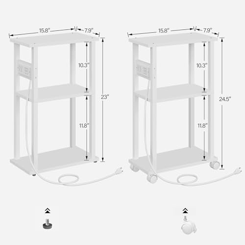 TUTOTAK Small Narrow Side Table with Charging Station, Skinny End Table for Small Spaces, Slim Nightstand with USB Ports and Outlet, Sofa Beside Table with Wheels, White TB01BW046 - color: White, size: 1 PC, style: With Plug