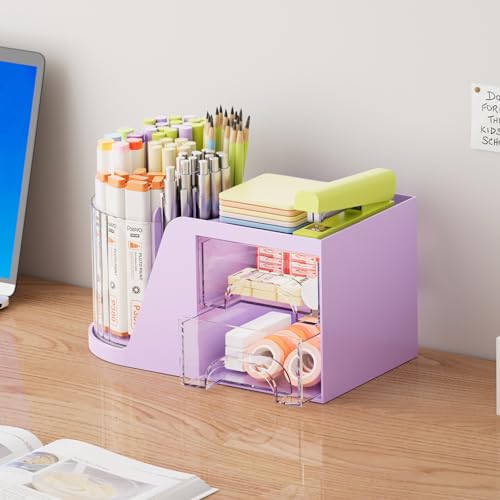 Marbrasse Desk Organizer with 2 Drawer, 360°Rotating Pen Holder, Desk Organizers and Accessories with 6 Slots Pencil Holder + 2 Drawer, Art Supply Storage Box Caddy for Office (Purple) - color: Purple