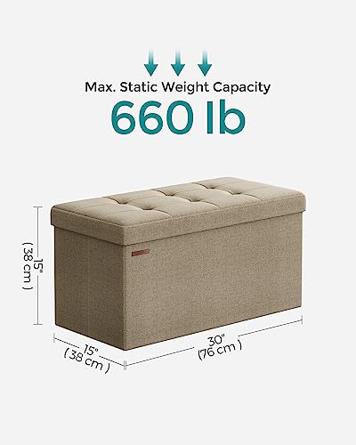 SONGMICS Mazie Collection - 30 Inches Folding Storage Ottoman Bench, Ottoman Foot Rest, End of Bed Bench, Storage Chest, Load 660 lb, for Living Room, Bedroom, Entryway, Camel Brown ULSF047R01 - color: Camel Brown, size: 15"D x 30"W x 15"H