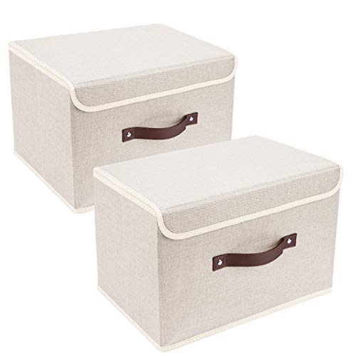 TYEERS Collapsible Storage Boxes, Washable Fabric Storage Bins with Lids, 14.9x9.8x9.8 inches, 2 Pack, Beige - color: Beige, size: 2-pcs 14.9x9.8x9.8 in