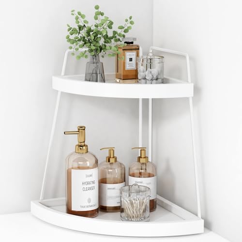 Forbena White 2 Tier Corner Bathroom Counter Organizer, Bathroom Countertop Shelf Organizer for Kitchen Sink, 2 Tier Makeup Vanity Tray for Dresser Tops Decor, Corner Shelf for Girls Bedroom (White) - color: White-white