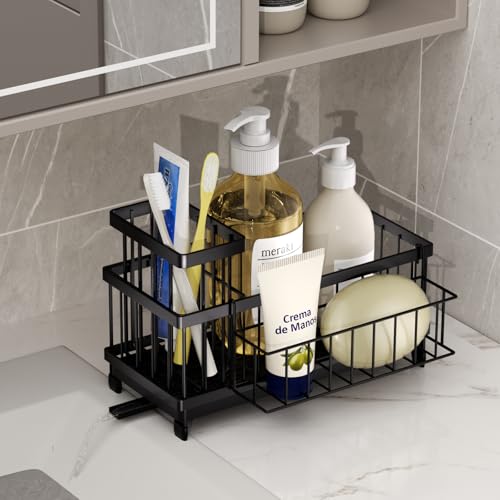 SWTYMIKI Sink Caddy Sponge Holder - Large Sponge Holder for Kitchen Sink with 360°Auto-Drain Tray, Rustproof Stainless Steel Kitchen Organizer Caddy for Countertop Organization - color: Black-basket