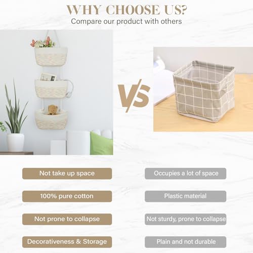TeoKJ Over the Door Hanging Basket, 3-Tier Woven Cotton Wall-Mounted Storage Organizer Bag Decorative Hanging Nursery Baskets, White & Rainbow Stitching - color: White & Rainbow Stitching