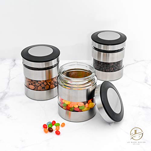Le'raze Quality Stainless Steel Canister Set of 3 for Kitchen Counter with Glass Window & Airtight Lid - Food Storage Containers with Lids Airtight - Pantry Storage and Organization Set