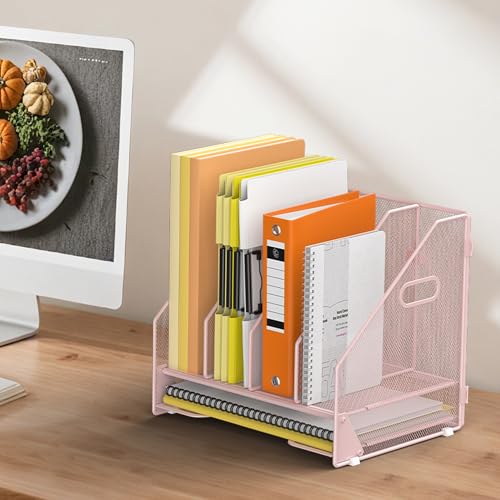 Docnest Desk File Holder Sorter, 4 Vertical Compartments Rack with Letter Tray, Mesh Magazine File Holder with Handle,Workspace Organizers,Desk Organizers for Paper, Mail, Documents-Pink - color: Pink-4 Compartments