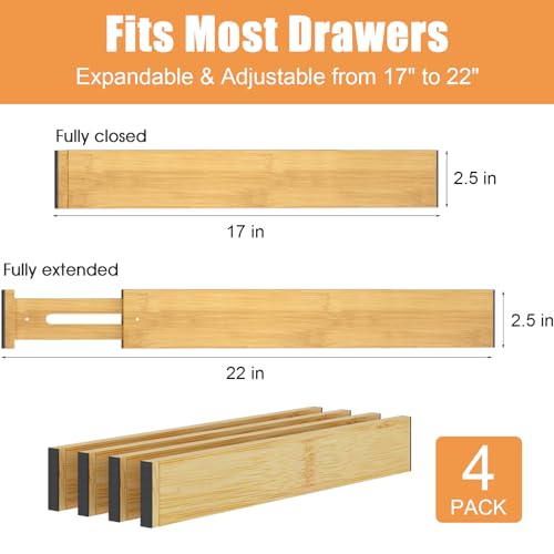 Bamboo Drawer Dividers,17-22" Adjustable Kitchen Drawer Organizer for Clothes,4 Pack Expandable Drawer Organization Separators for Bedroom,Bathroom,Dresser and Office,Natural - color: Bamboo, size: 17-22 IN