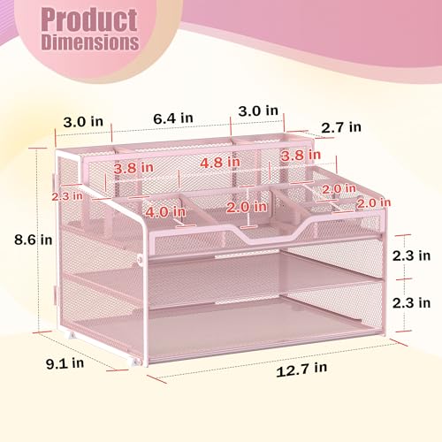 Docnest 3 Tier Mesh Desk Organizer for Paper Office Supplies – Multi-Functional Letter Tray with 5 Adjustable Compartments, 3 Pen Holders, Desktop Storage for Files, Mail, Stationery – Pink - color: Pink, size: 12.7" x 9.1" x 8.6"