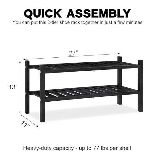 VICTORY RELAX 2-Tier Acacia Wood Shoe Rack - Stackable Entryway Organizer for Closet, Entryway, Easy Assembly, Indoor/Outdoor Storage Stand (Black) - color: Black