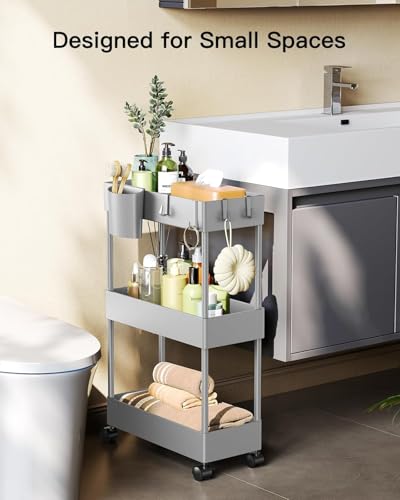 Pipishell Slim Storage Cart with Wheels - 3 Tier Bathroom Organizers and Storage Cart - Rolling Carts for Bathroom, Kitchen, Narrow Space, Laundry Room,Gray - color: Gray, size: 3-Tier