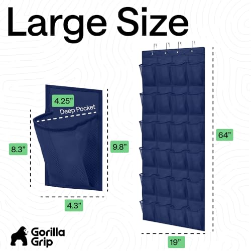 GORILLA GRIP Over the Door Shoe Organizer, 24 Large Breathable Mesh Pockets, Space Saving Hanging Storage Holder, Closet Rack Hanger Holds Up to 40 lbs, Hangs on Closets for Shoes, Accessories, Navy - color: Navy, size: 24 Pockets/4 Hooks