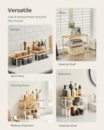SONGMICS Cabinet Organizer Shelf, Set of 4 Kitchen Counter Shelves, Kitchen Storage, Spice Rack, Stackable, Expandable, Metal and Engineered Wood, Cloud White and Natural Beige UKCS210W01 - color: Cloud White + Natural Beige, size: 15.6"W