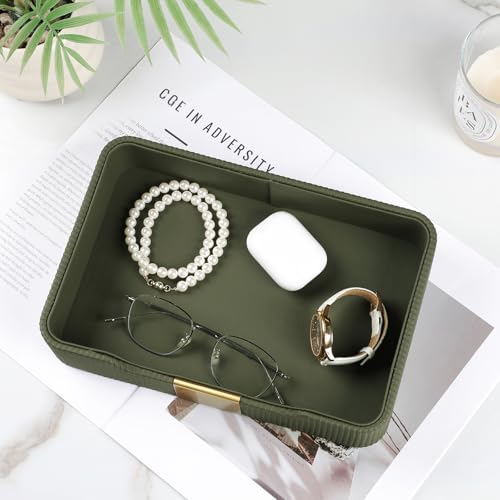 Valet Tray Desktop Storage Organizer, PU Leather Catchall Bedside Vanity Tray with Brass Accents Block Nightstand Organizer for Keys Watch Wallet Phone, Decorative Nightstand Storage (Green) - color: Green