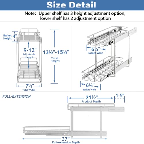 2 Tier Individual Pull Out Cabinet Organizer 7½" W x 21½" D, Heavy Duty Cabinet Pull Out Shelves, Slide Out Drawers Organization for Kitchen Cabinets Bathroom - color: 2 Tier, size: 7½"W x 21½"D