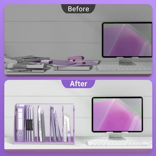 SUPEASY Binder Organizer, Magazine File Holder with 5 Vertical Compartments Rack, Metal Desk File Organizer & Binder Holders, Magazine Organizers for Office Desktop, Home, School, Classroom (Purple) - color: Purple, size: 5Rack