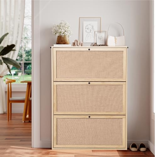 AVZEAR Narrow Shoe Storage Cabinet for Entryway with Natural Linen Panel, Freestanding Slim Shoe Cabinet with 3 Flip Drawers, Wood Shoe Organizer Closed Shoe Rack for Hallway, Living Room(Natural) - color: Natural, size: 3 Drawers Single Layer