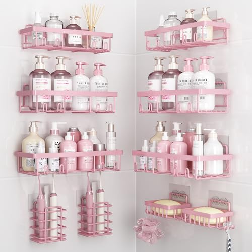 Liuoud 10 Pack Shower Caddy Organizer Rack Shelf for Inside Shower, Self Adhesive Wall Storage Basket Rustproof Stainless Steel Shampoo Holder Bathroom Accessory Decor Set, Pink - color: Pink