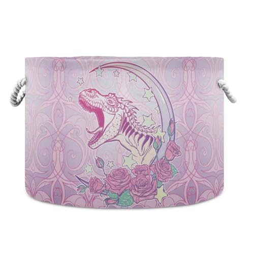 Pink Dinosaur Print Round Storage Basket Vintage Dinosaur Rose Large Laundry Hamper 20 x 20 x 14 Inches Organizer Bin with Cotton Rope Handles Clothes Storage Bag for Nursery Bedroom Living Room Decor - color: Pink Purple