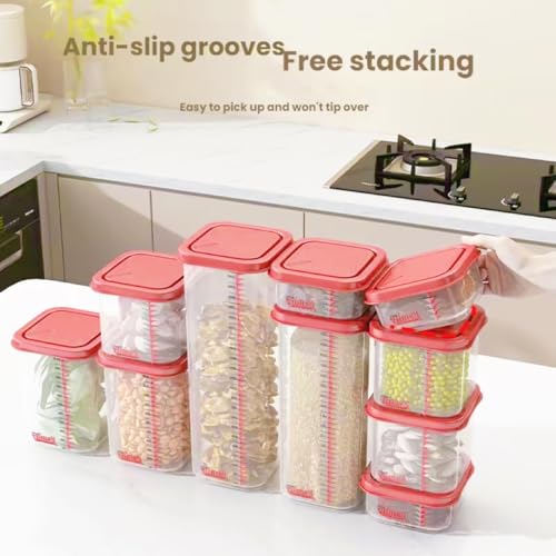 8300ml Airtight Food Storage Container With Lids 9PCS Family Set, BPA-Free Food-grade Plastic Stackable Leak-proof Kitchen Pantry Organizers for Pasta, Nuts, Dry Goods, Snack,Modular Design (Red) - color: Red