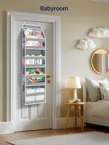 Yecaye 5 Tier 1Pc Over the Door Organizer, Stuffed Animal Storage with Clear PVC Windows, Door Organizer Hanging for Bedroom Nursery Closet Dorm Room Laundry Pantry Bathroom, Grey - color: Grey, size: 1 Pack 5 Tier