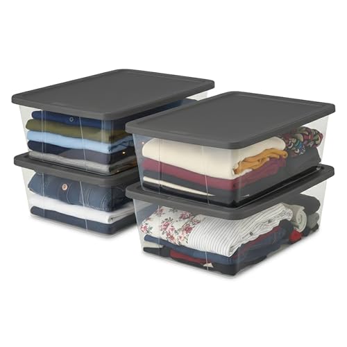 HOMZ 4-Pack Snaplock, Small Clear Plastic Storage Organizer Bins w/Lids, 12 Quart, Gray - Stackable Container Boxes for Bedroom, Bathroom, Garage, and Office Organization - color: Gray Lid, size: 12 QT (4 Pack)