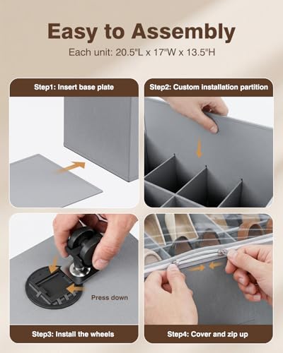 HOUSE AGAIN Shoe Organizer for Closet, 2 Pack Shoe Storage Organizer with Wheels, Foldable Shoe Storage Box with Adjustable Dividers and Clear Cover, Reinforced Handles, Fits up to 16-32 Pairs, Gray - color: Light gray-2 Pack, size: Extra Large( 20.5"L x