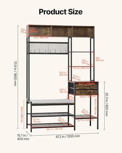 VEVOR Hall Tree with Bench and Shoe Storage, Entryway Bench with Coat Rack, 2 Drawers, 3 Storage Cubbies, 3 Open Shelves, Coat Hooks with Soft Cushion for Entryway, Hallway - size: 70.9" * 47.2"