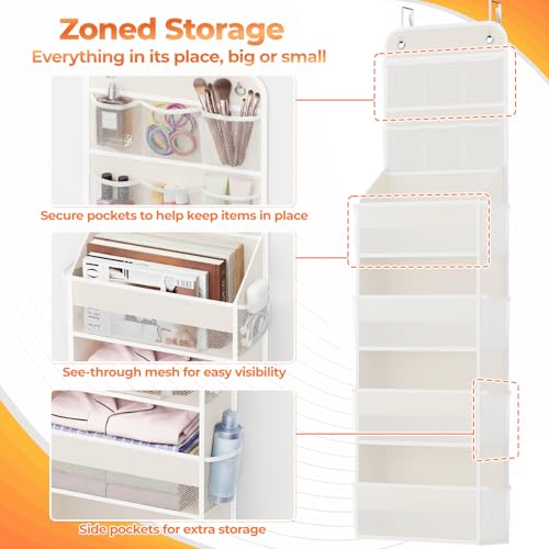 SpaceHacks 6-Tier Over the Door Organizer with Mesh Pockets, Baby Nursery Storage for Closet, Bathroom and Bedroom, Adjustable Hanging Closet Organizer for Cosmetics, Books and Essentials (Beige) - color: Beige, size: 6-Tier