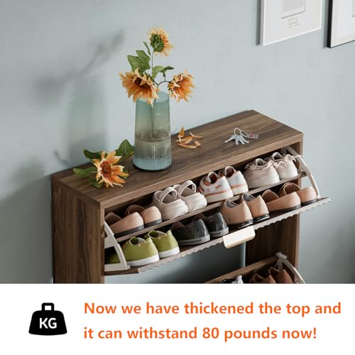 Shoe Cabinet Storage, Modern Freestanding Organizer with 2 Flip Drawers, Narrow Shoe Rack for Entryway, Walnut - color: Walnut, size: 2-Drawers