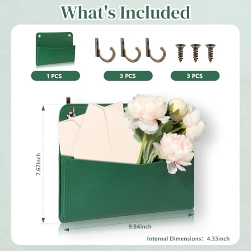 Wall Mount Green Faux Leather PU Leather Mail Holder Letter Holder Stylish Wall Hanging Mail Storage 2 Ring PU Leather File Organizer for Flowers Envelope Key Notebooks Home Office Decor - color: Green