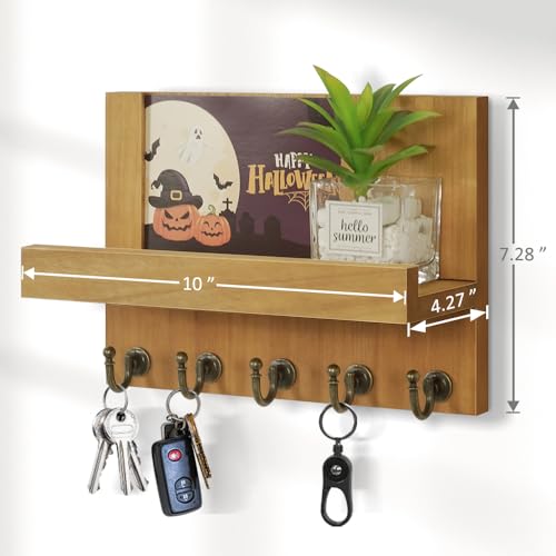 HONJIN Farmhouse Wall Key Holder for Wall : Holiday Card Slot Design Wooden Mail Organizer Wall Mount Dog Leashes Holder Hanger (Light Brown) - color: Light Brown