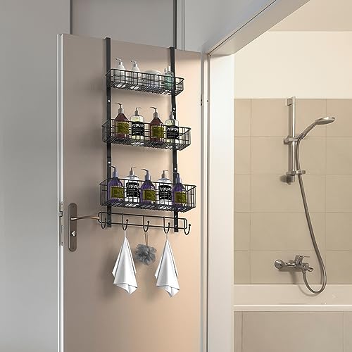 YBING Over The Door Organizer with Hooks 3 Tier Back Towel Hanger Baskets Metal Behind Hanging Storage Shelf Pantry Racks for Bedroom Bathroom Black, R01-R984 - color: Black