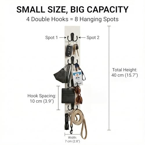 Vertical Key Holder for Wall & Dog Leash Holder – Solid Wood Wall Mount Key Rack with 8 Hooks – Small Space Saving Entryway Organizer for Keys, Lanyards, Masks (Adhesive or Screws) (White) - color: A-White