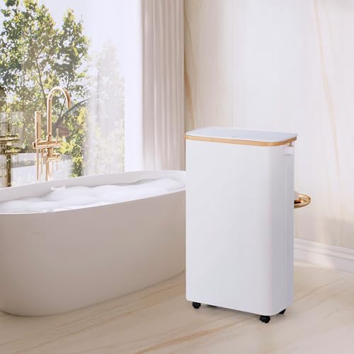 110L Slim Laundry Basket with Lid, Rolling Laundry Hamper with Bamboo Handles, Collapsible Dirty Clothes Basket Organizer with Removable Inner Bag and 3PCS Lingerie Bags for Washing Delicates