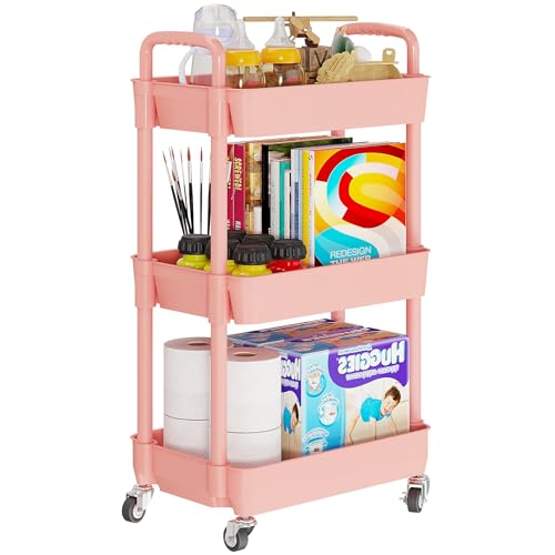 Laiensia 3-Tier Rolling Cart with Wheels,Multifunction Utility Storage Carts, Kitchen Storage Organizer,Mobile Shelving Unit for Bathroom,Laundry,with Classified Stickers,Pink - color: Pink, size: 3-Tier