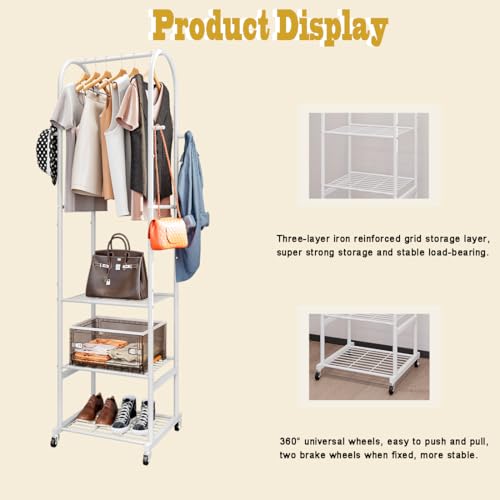 SUOERNUO Clothes Rack With Wheels and 3-Tier Metal Shelves,Clothing Rack For Hanging Clothes With 4 Hooks,Garment Rack Wardrobe Organizer for Small Space,Black (white, 16.54 * 18.23 * 72.05) - color: white
