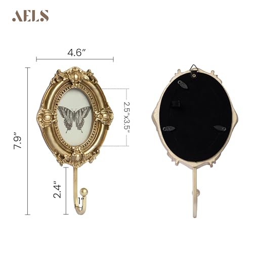 AELS Decorative Wall Hooks with 2.5"x3.5" Vintage Ornated Oval Picture Frame, Vintage Photo Holder with Gold Hook for Coats, Purses, Towels and Keys, Ideal for Entryway, Bedroom or Wedding Decor - color: 2.5X3.5