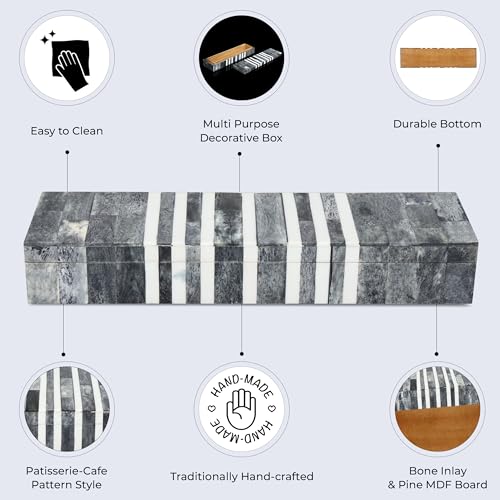 Handicrafts Home Decorative Storage Box with Lid, Patisserie Cafe Stripe Pattern Remote Holder Box, Slim Coffee Table Storage Organizer, Wooden Kitchen Counter Desk Shelf Box, Grey & White, 10x2.5x1.5 - color: PATISSERIE-CAFE, size: 10x2.5x1.5 Inch
