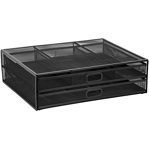 MOUNT-IT! Computer Monitor Stand With Drawers, Metal Mesh Riser and Organizer for Laptops and Computer Screens, Laptop, and Printer Accessories and Office Supplies (Black) - color: Black