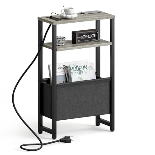 Narrow Side Table with Charging Station Slim End Table Sofa with Magazine Rack, Bedside Table for Small Spaces, 3 Tier Nightstand for Living Room Couch, Bedroom Oak Grey LET503QE - color: Oak Grey