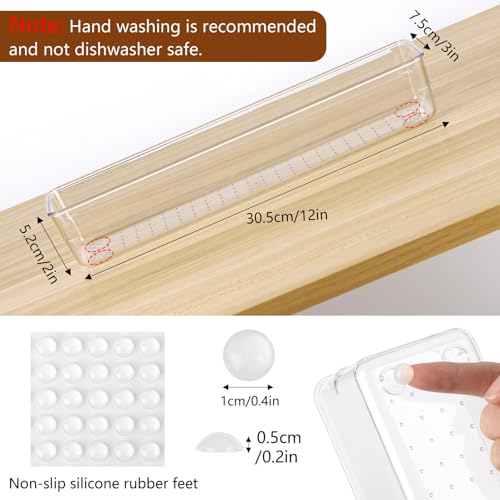 Ohlove 6 Pcs Large Clear Plastic Drawer Organizers Tray 12"x3" Storage Bins with 25 Pcs Non-Slip Pads for Makeup, Jewelries, Kitchen Utensils, Bathroom and Office - size: 12"x3"
