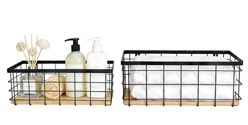 ShabbyDecor Metal Wire Basket Detachable Wood Base Storage Organizer Farmhouse Hanging Basket for Kitchen Cabinets, Bathroom, Pantry, Laundry Room Set of 2,Black Color - color: Black, size: Medium&Large