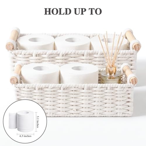Boho Cotton Rope Storage Baskets Set of 2, Woven Wicker Organizer Bins with Wooden Handles, Small Decorative Boxes for Organizing, Toilet Paper Baskets for Bathroom Countertop, Shelves (White 2 Pack) - color: White 2 Pack