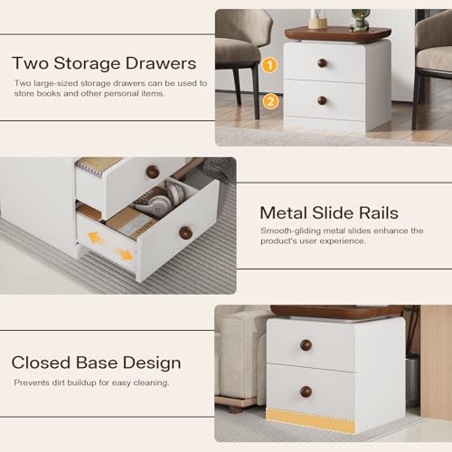 IKENO Wooden Nightstand with 2 Drawers, Large End Table with Stroage, Multifunctional Side Table for Bed Room, Living Room, Reception Room, Brown and White
