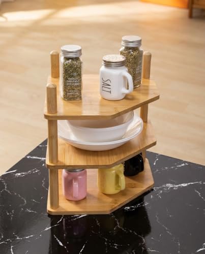 3-Tier Expandable Bamboo Corner Shelf - Dish/Plate Organizer for Cabinet, Kitchen Counter Shelf & Small Kitchen Shelf, Adjustable (Natural, 1-Pc 3.90" H) - color: 3.9"H-Natural-3