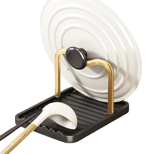 Anti-Rust Metal Spoon Rest with Lid Holder, Heat-Resistant Pot Lid Rest, Multifunctional Spatula Holder While Cooking for Stovetop and Kitchen Counter – Black Gold - color: GOLDBLACK