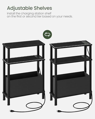 CHOEZON Small Narrow Side Table with Charging Station, Skinny End Table with Fabric Basket, Slim Nightstand for Small Spaces, Sofa Side Table, for Living Room, Bedroom, Black TBZ07UBB - color: Black