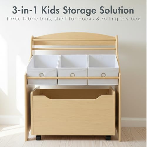 Humble Crew 3-in-1 Kids Bookshelf and Toy Storage Organizer, Natural/White - Toddler Organizers with Rolling Toy Box and 3 Fabric Bins – Sturdy Baby Book Shelf, Perfect for Nursery and Playroom - color: Natural/White