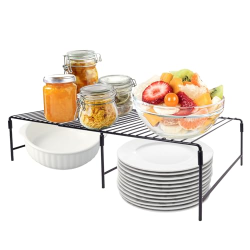 Refrigerator Organizer Freezer Organizer, Expandable Adjustable Kitchen Cabinet Rack for Pantry, Cupboard, Countertop - Space Saving Shelf (Black)